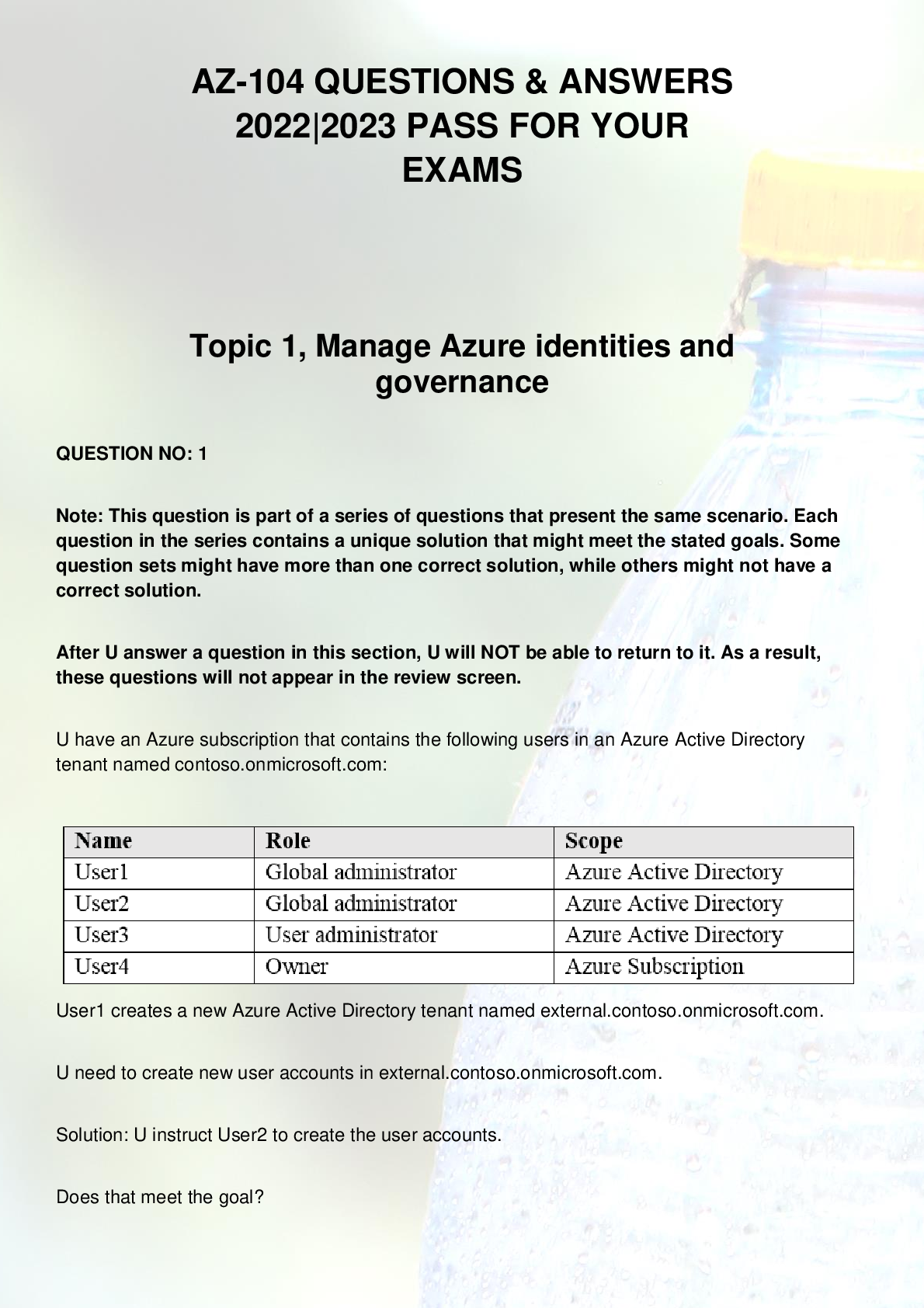 Preview image for AZ-104 QUESTIONS & ANSWERS 2022|2023 PASS FOR YOUR EXAMS